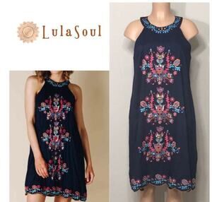 Lula Soul Blue Sundance Halter Dress Embroidered Bohemian Floral Boho Blue M